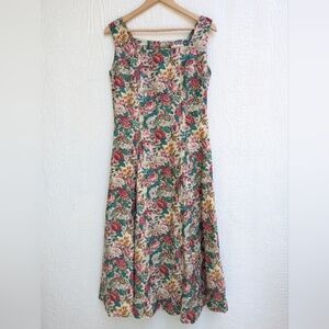 Talbots Floral A-Line Dress in Green, Red, Cream